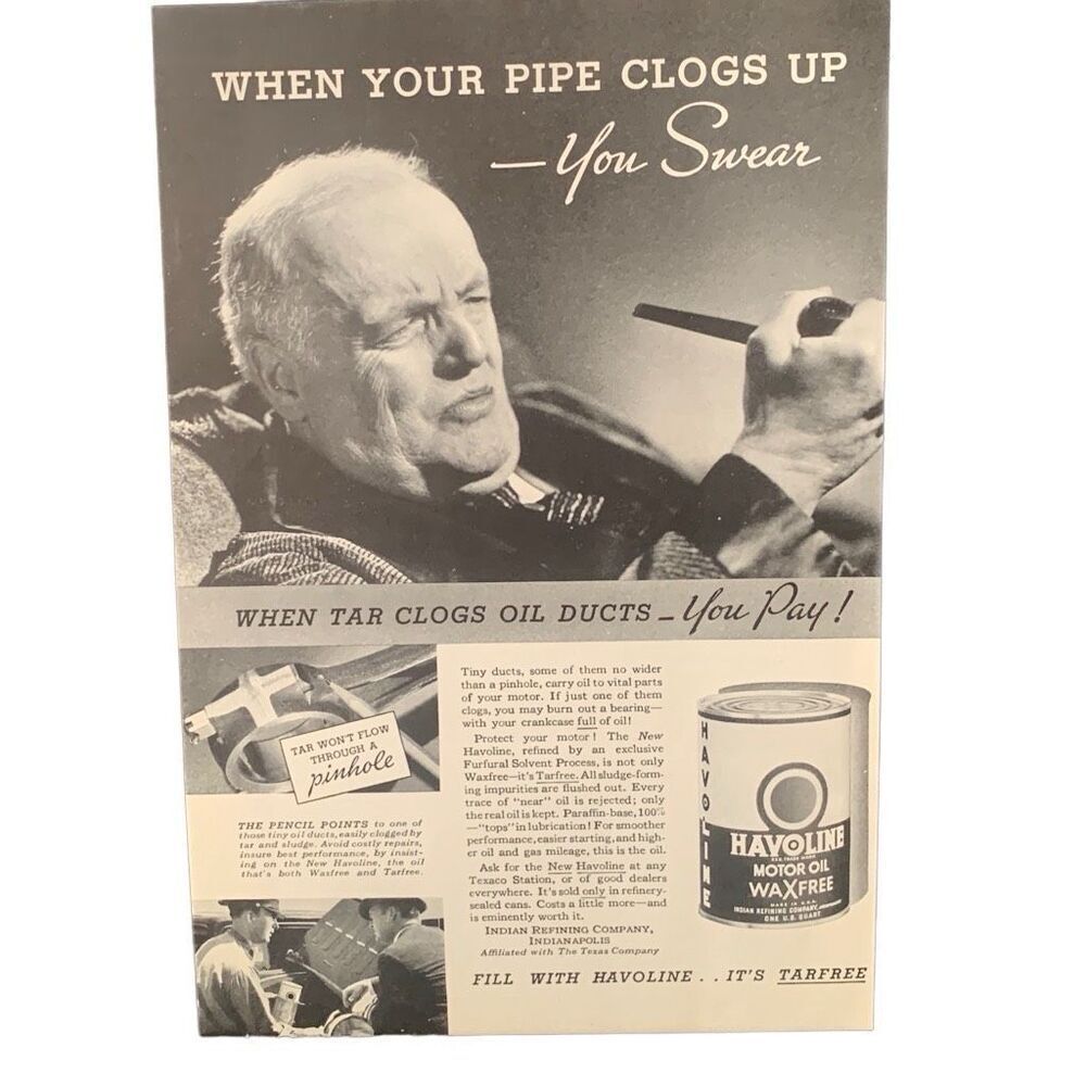 Vintage 1935 Havoline Oil When Your Pipe Clogs Ad Advertisement
